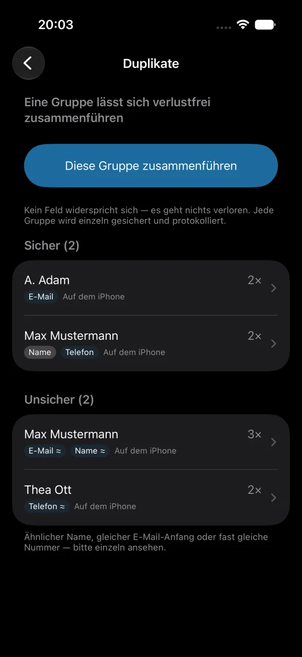 MyContactApp: Duplikate, getrennt in sichere und unsichere Gruppen, mit Taste zum Zusammenführen
