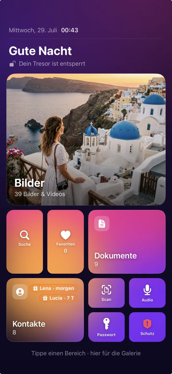MyMediaVault: Übersicht mit Bildern, Dokumenten, Kontakten und Passwörtern