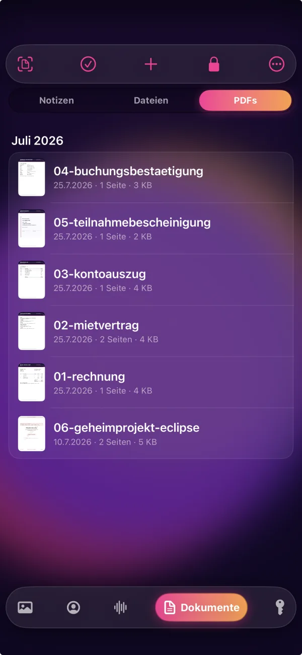 MyMediaVault: Liste der abgelegten PDF-Dokumente