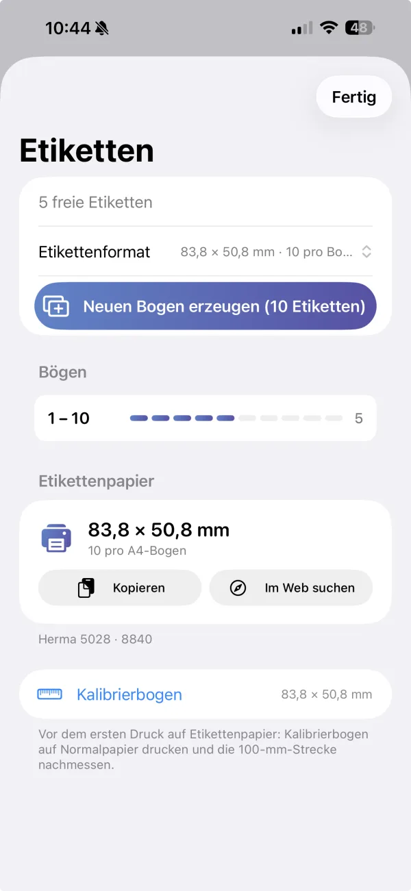 MyOrgaBox: Etiketten drucken — Bogen mit zehn Etiketten im Format 83,8 × 50,8 mm erzeugen