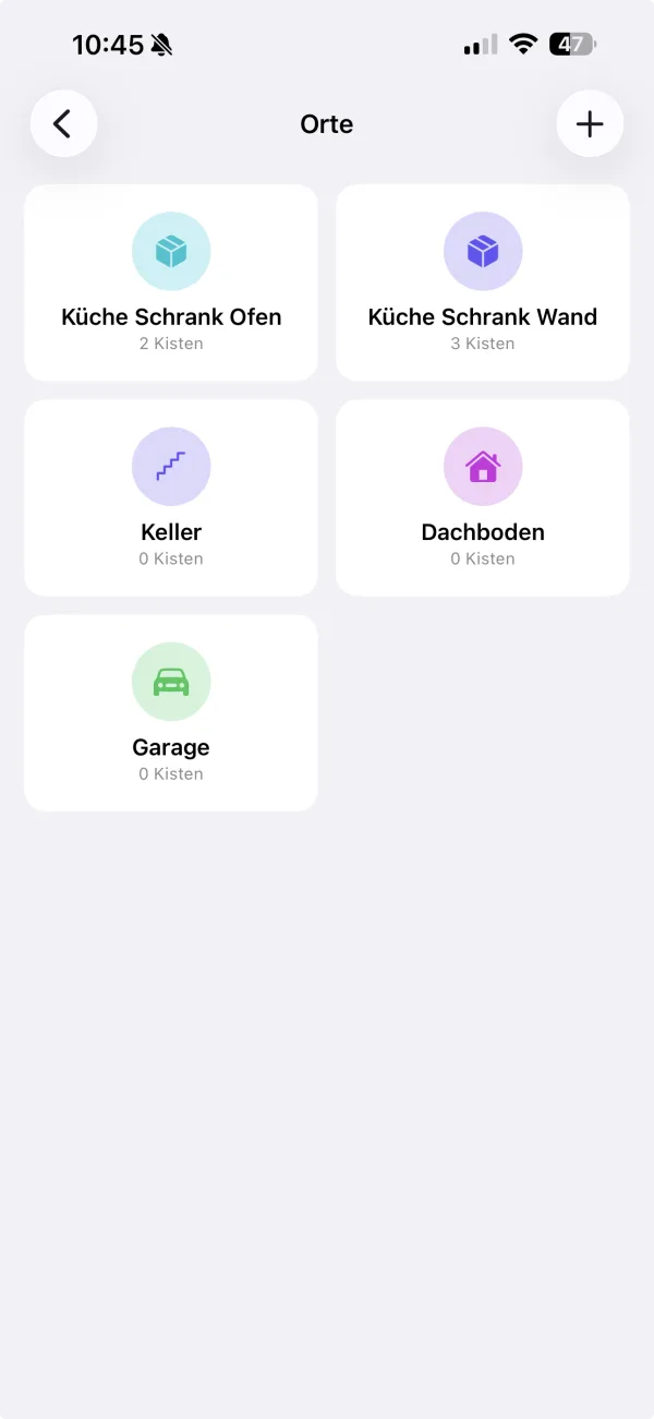 MyOrgaBox: Orte im Überblick — zwei Küchenschränke, Keller, Dachboden und Garage mit der Zahl ihrer Kisten