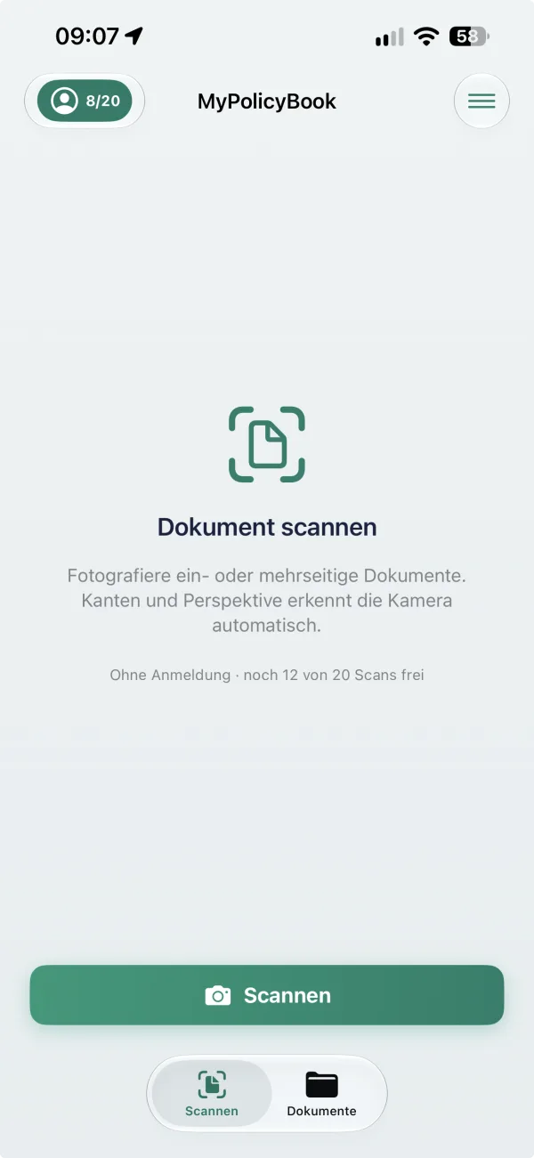 MyPolicyBook App: Startbildschirm „Dokument scannen“ mit großer Scannen-Taste