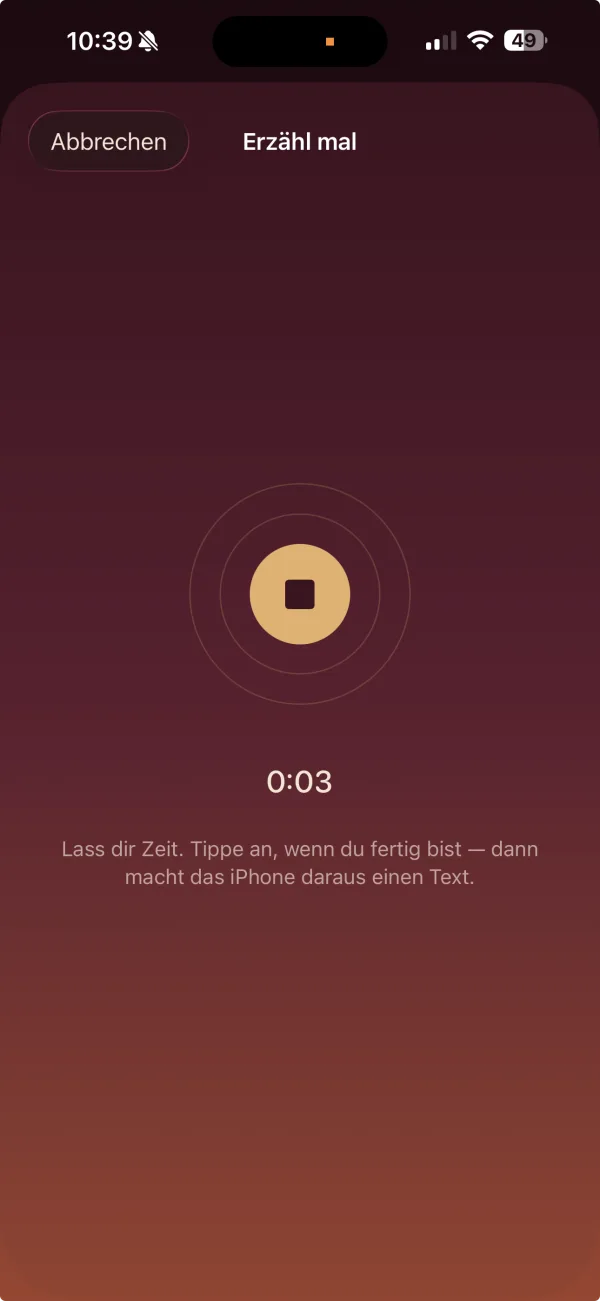 MyVentSpace: laufende Sprachaufnahme mit Stopptaste und Zeitanzeige; das iPhone macht daraus einen Text
