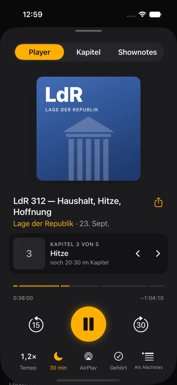Tarilo: Player mit Cover, Kapitelanzeige, Sprungtasten, Tempo und Schlaftimer